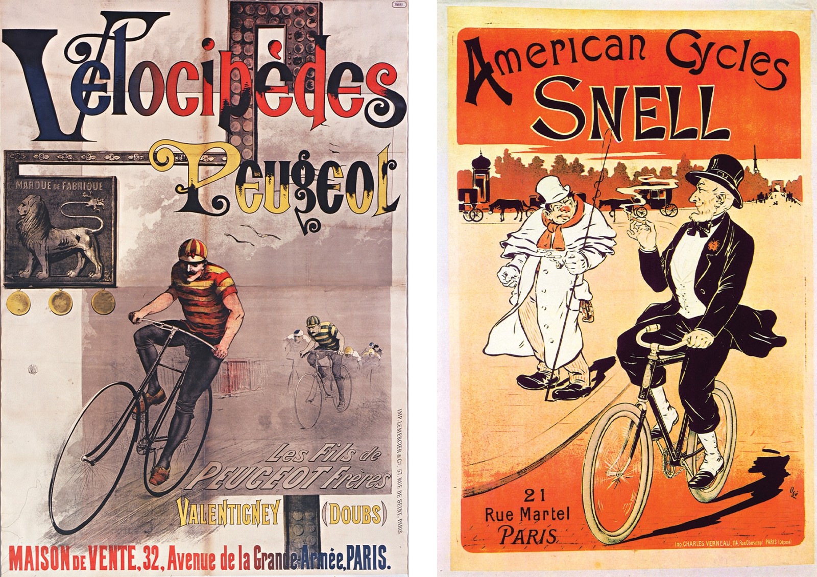 Affiche pour les vélocipèdes, Peugeot, 1891 © BnF / Affiche pour American Cycles SNELL, vers 1897. D.R.