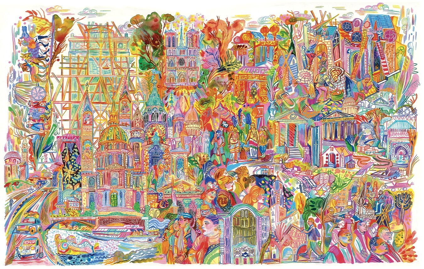 Aline Zalko, Bâtir - Célébrer - Coexister, 2025, Crayon de couleur, encre et pastel sur papier