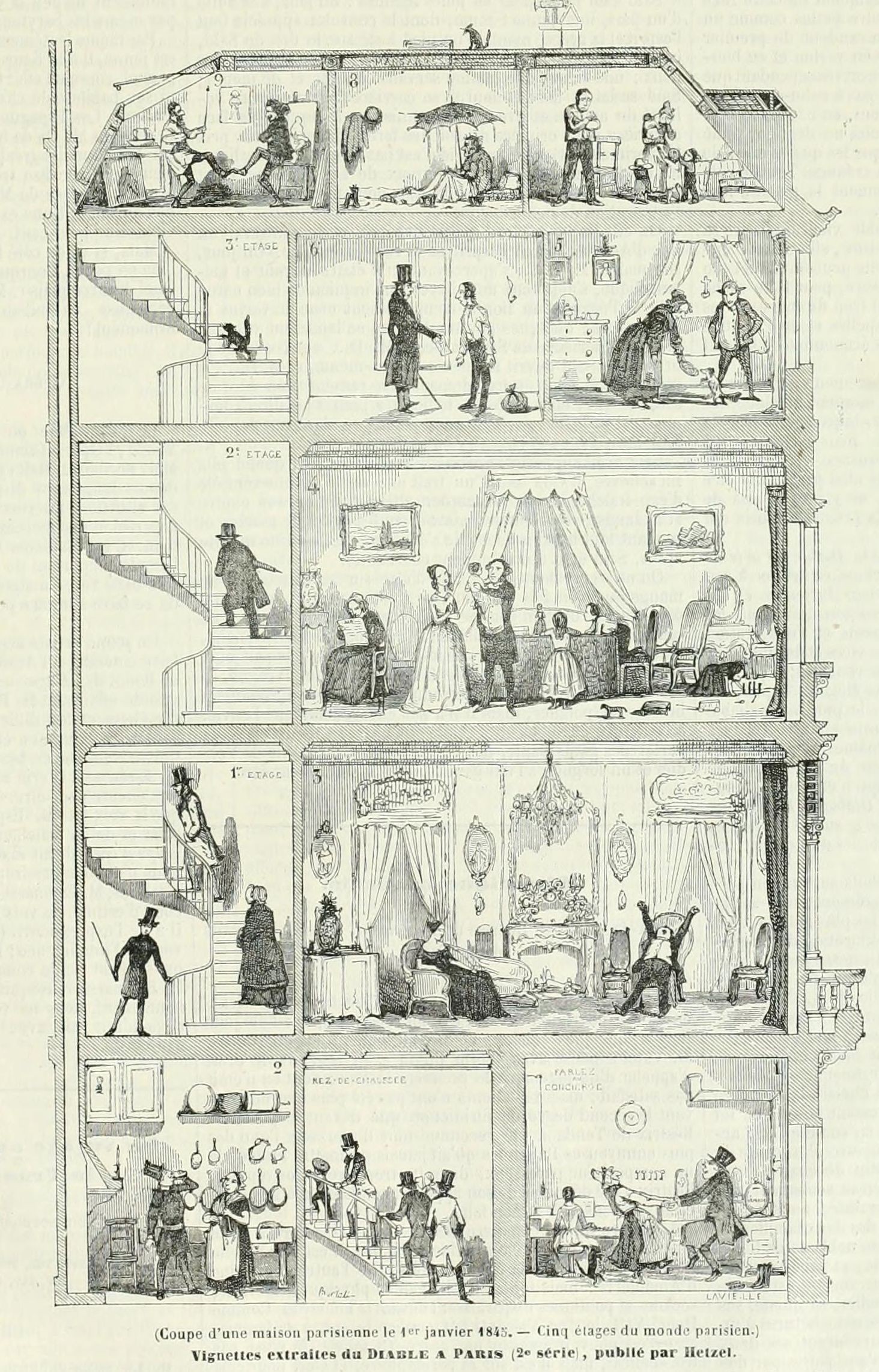 Coupe d’un immeuble de rapport parisien ou « Cinq étages du monde parisien », gravure de Charles-Albert Bertall, illustrateur, publiée pour la première fois dans L’lllustration du 11 janvier 1845 © Stefano Bianchetti / Bridgeman Images