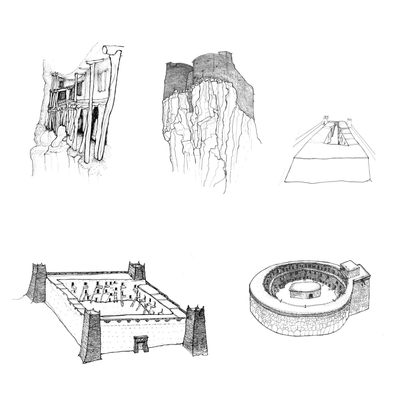 Typologies de greniers collectifs existants de l’Atlas central à l’Anti-Atlas, relevés en perspective. De gauche à droite et de haut en bas : greniers-palafittes (igherm n’Zerkane, Assif Melloul, Haut Atlas central) ; grenier à éperon barré (agadir Aguellouy, Amtoudi, Anti-Atlas occidental), grenier à allée centrale (agadir n’Tizza chez les Iberkaken, Anti-Atlas central) ; grenier quadrangulaire de type kasbah (agadir Anammeur) chez les Idaw Ukensous, Sirwa ; grenier circulaire ou à couronne (igherm n’Imeghlaye chez les Ayt Wagharda, Sirwa. © Salima Naji