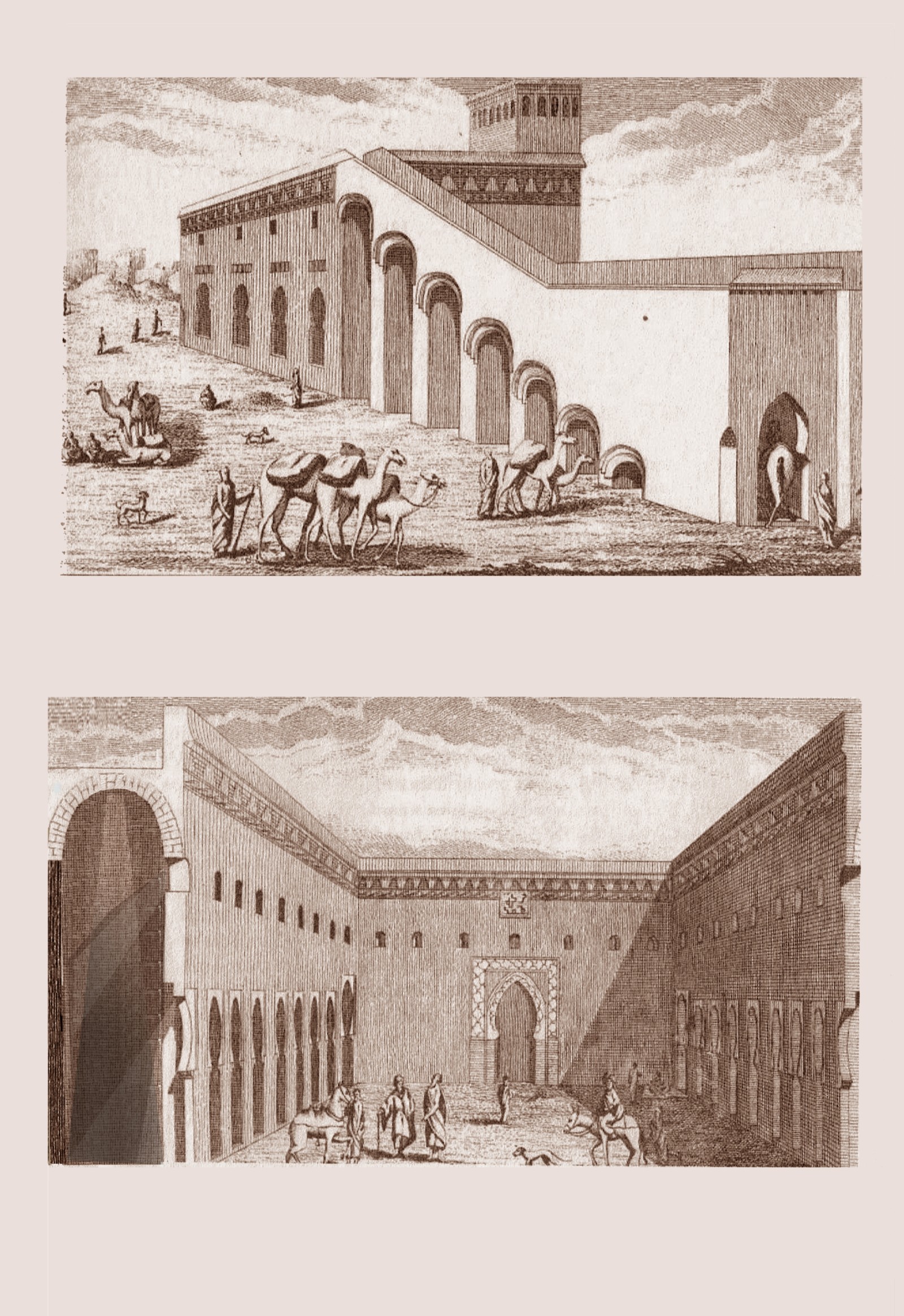 Silo à grains de Jnane Al-Afiya à Marrakech, construit par le sultan alaouite Sidi Mohammed ben Abdellah (Mohammed III, 1757-1790). Gravure extraite de l'ouvrage du consul du Danemark au Maroc, Georg Høst, Efterretninger om Marokos og Fes, samlede der i Landene fra ao. 1760 til 1768, N. Müller, Kiøbenhavn, 1779, p. 73. Selon sa description : « les chameaux peuvent accéder avec leurs sacs de grains sur la terrasse, d’où les grains sont déversés dans les silos à travers de petits orifices, sans que le Roi ne soit obligé de le faire ouvrir à chaque fois et de laisser voir combien il a de réserve ». © Georg Høst, Efterretninger om Marokos og Fes, samlede der i Landene fra ao. 1760 til 1768, N. Müller, Kiøbenhavn, 1779, p. 73.