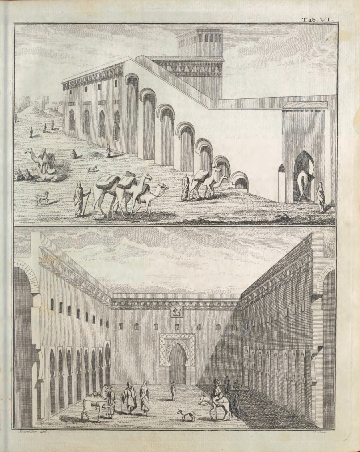Silo à grains de Jnane Al-Afiya à Marrakech, construit par le sultan alaouite Sidi Mohammed ben Abdellah (Mohammed III, 1757-1790). Gravure extraite de l'ouvrage du consul du Danemark au Maroc, Georg Høst, Efterretninger om Marokos og Fes, samlede der i Landene fra ao. 1760 til 1768, N. Müller, Kiøbenhavn, 1779, p. 73. Selon sa description : « les chameaux peuvent accéder avec leurs sacs de grains sur la terrasse, d’où les grains sont déversés dans les silos à travers de petits orifices, sans que le Roi ne soit obligé de le faire ouvrir à chaque fois et de laisser voir combien il a de réserve ». © Georg Høst, Efterretninger om Marokos og Fes, samlede der i Landene fra ao. 1760 til 1768, N. Müller, Kiøbenhavn, 1779, p. 73.