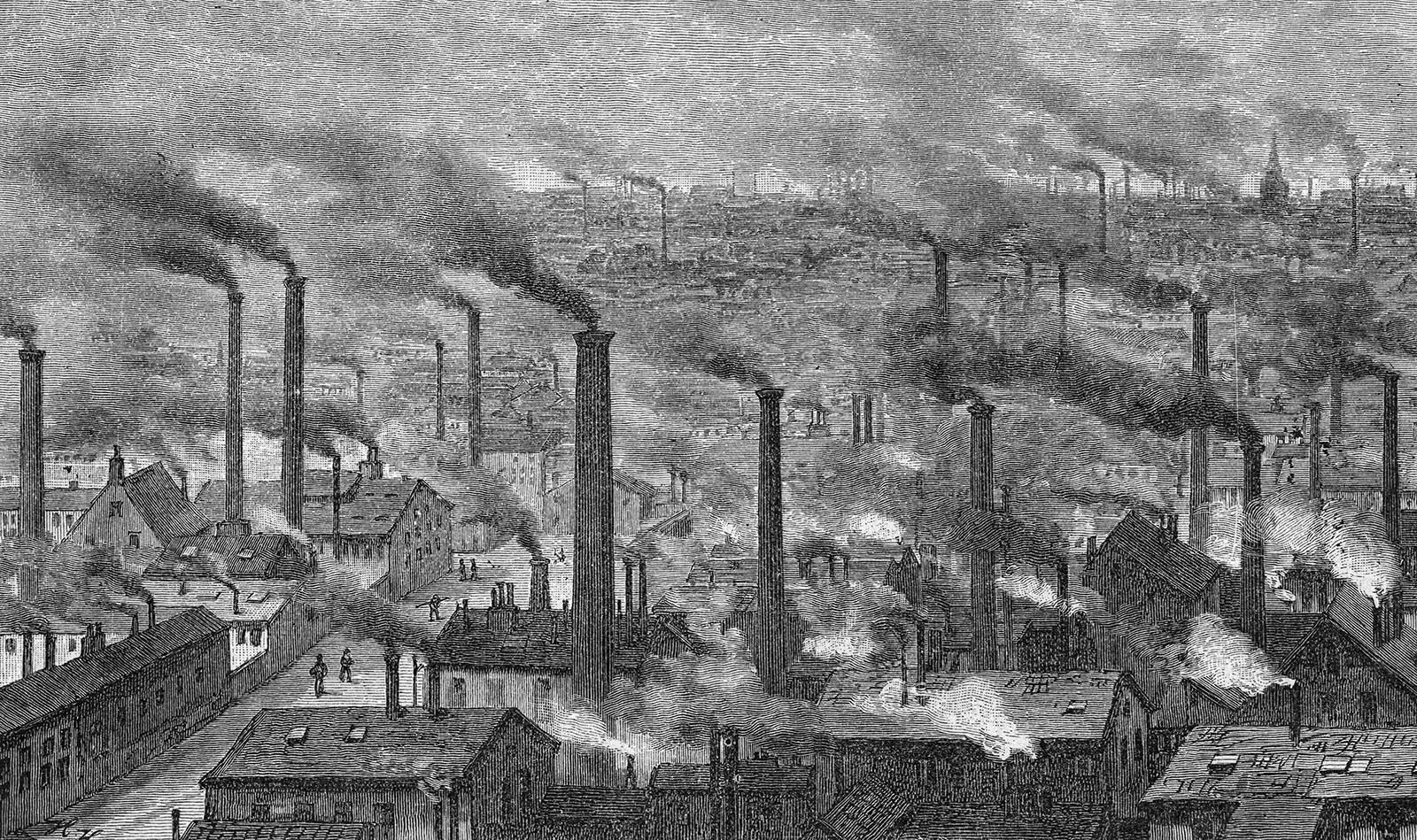 [QUAND LE CIEL DES VILLES ÉTAIT NOIR DE CHARBON] Cheminées d’usines dans une ville industrielle d’Angleterre. Gravure sur bois de Roth, vers 1880. © INTERFOTO / Alamy Stock Photo
