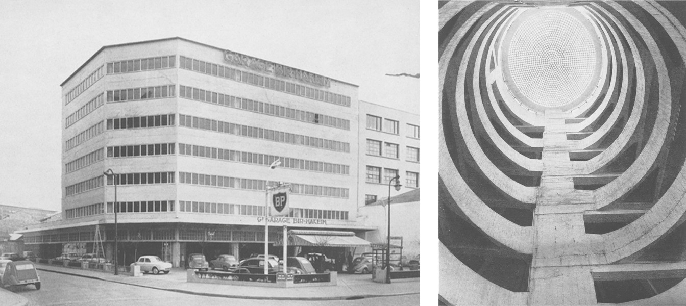 Garage Bir-Hakeim. Façade à l’angle de la rue du Docteur-Finlay et du quai de Grenelle à droite (gauche). La rampe circulaire surmontée d’une coupole en béton translucide (droite). In L’Architecture française, no 187-188, 1958