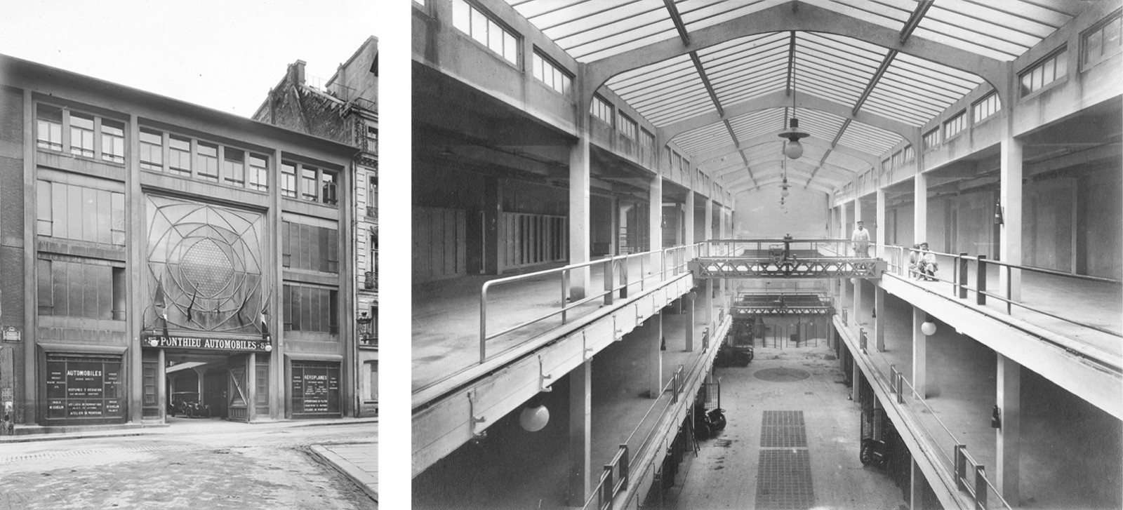 Ponthieu-Automobiles. Exterior view and interior view in line with the central nave at the back of the plot. Photography by Union photographique française − Around 1907 © Cnam / Siaf / Capa / Architecture archives of the XXe sc Auguste Perret / UFSE / SAIF / 2018