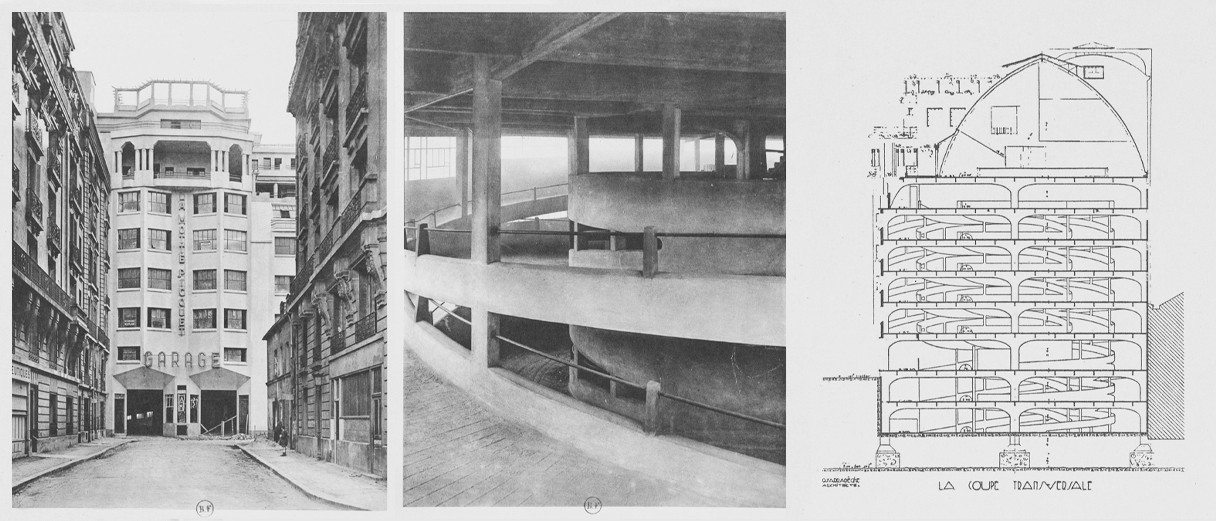 La Motte-Piquet Garage. The entrance to the building on rue de la Cavalerie, shortly before the end of construction in 1929 (left). The concentric ramps: the inside ramp for climbing, the outside ramp for descending (center). Cross-section of the ramps In Encyclopédie de l'architecture, t. IV: 1930-1931 Modern construction. Bibliothèque Forney / Roger-Viollet (right).