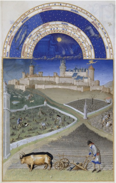 [THE EVOLUTION OF ARCHITECTURE  IS ASSOCIATED WITH A CHANGE  IN AGRICULTURAL TECHNOLOGY] Mars (The month of March). Miniature by the Limbourg brothers for Les Très Riches Heures du duc de Berry, early 15th century, folio 3.  © RMN-Grand Palais (domaine de Chantilly) /René-Gabriel Ojéda.